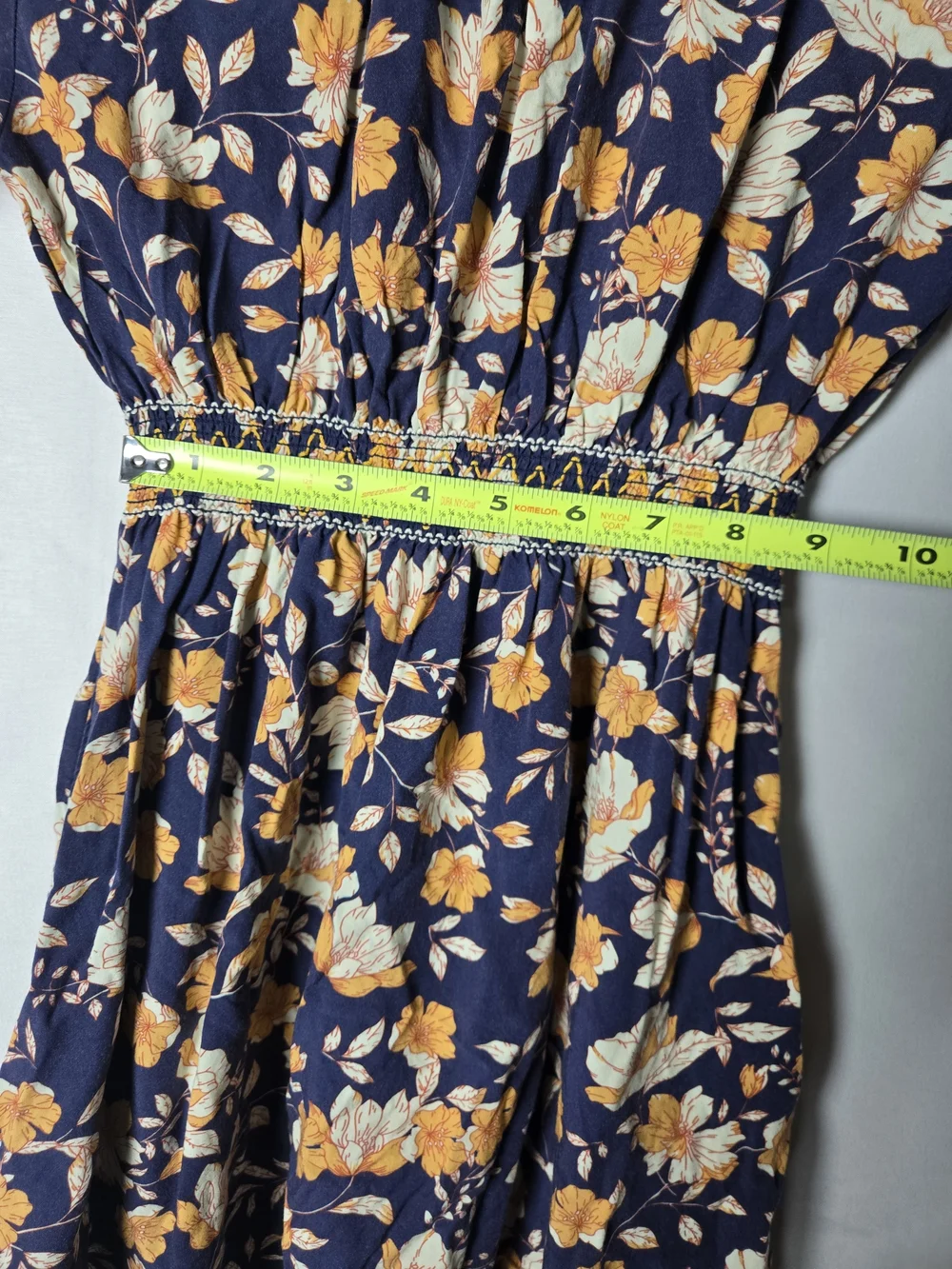 Navy Floral Smocked-Waist Dress with Yellow & Cream Flowers